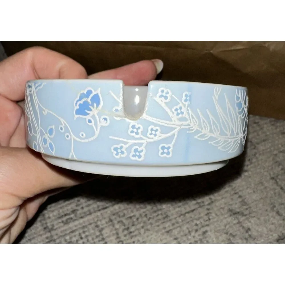VTG Ashtray Japan Trinket‎ Dish 60 Light Blue Floral Beautiful